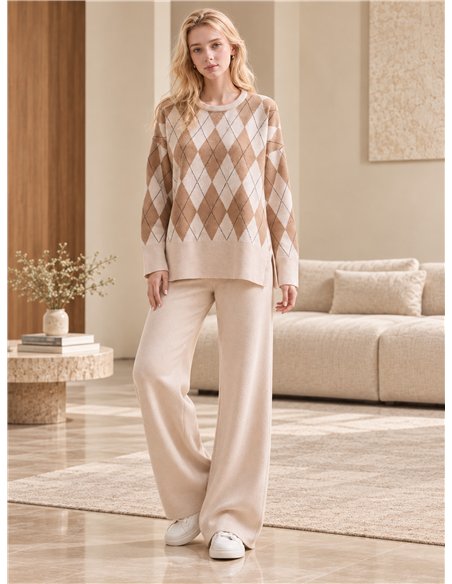 Conjunto de suéter e calça com estampa de diamantes