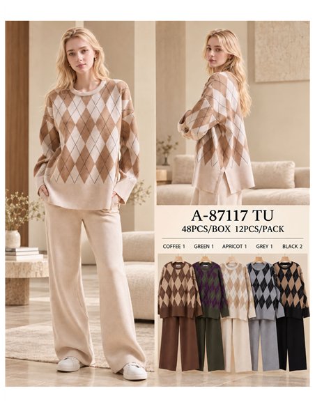 Conjunto de suéter e calça com estampa de diamantes