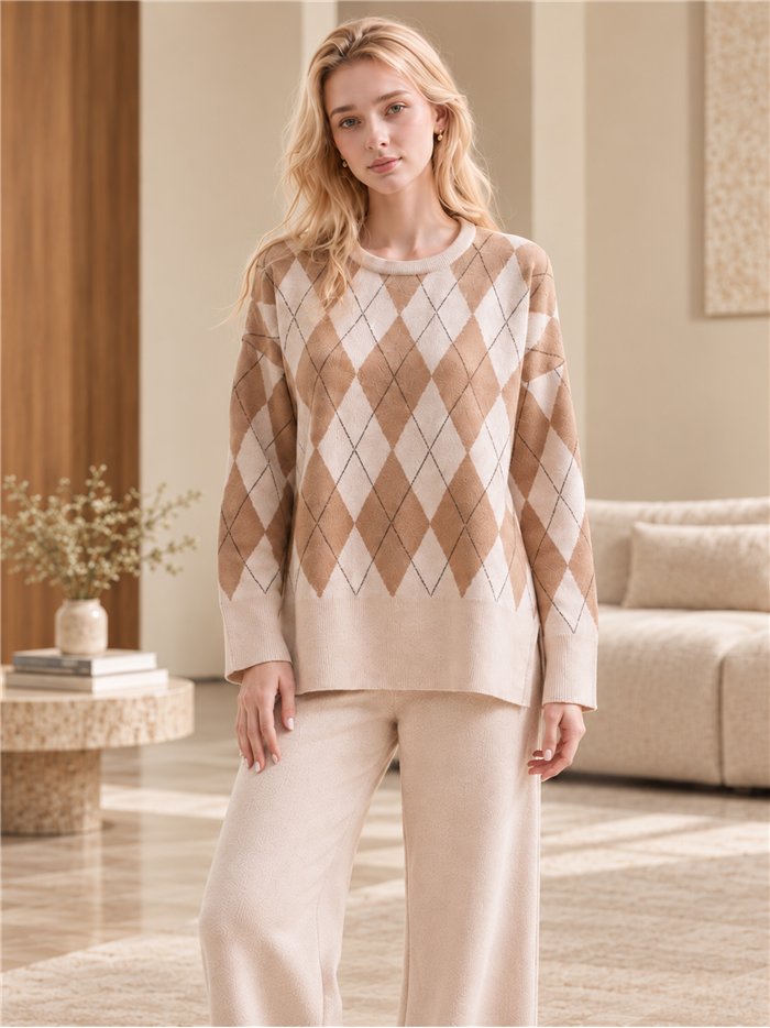 Conjunto de suéter e calça com estampa de diamantes