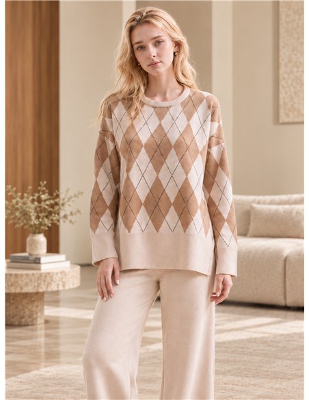 Conjunto de suéter e calça com estampa de diamantes