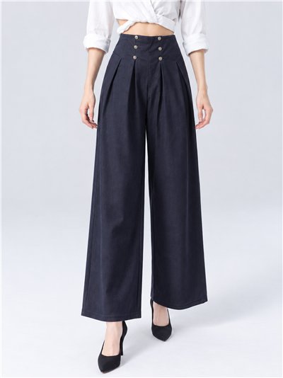 Denim effect pleated wide leg button trousers