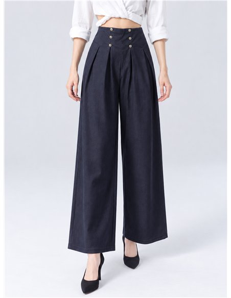 Denim effect pleated wide leg button trousers