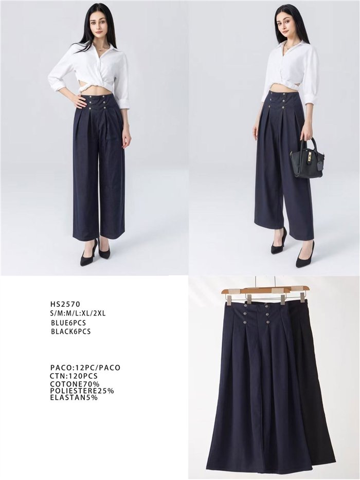 Denim effect pleated wide leg button trousers