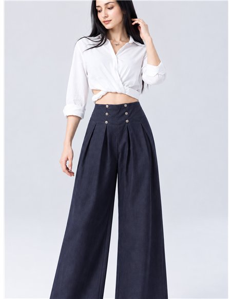 Denim effect pleated wide leg button trousers