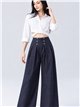 Denim effect pleated wide leg button trousers