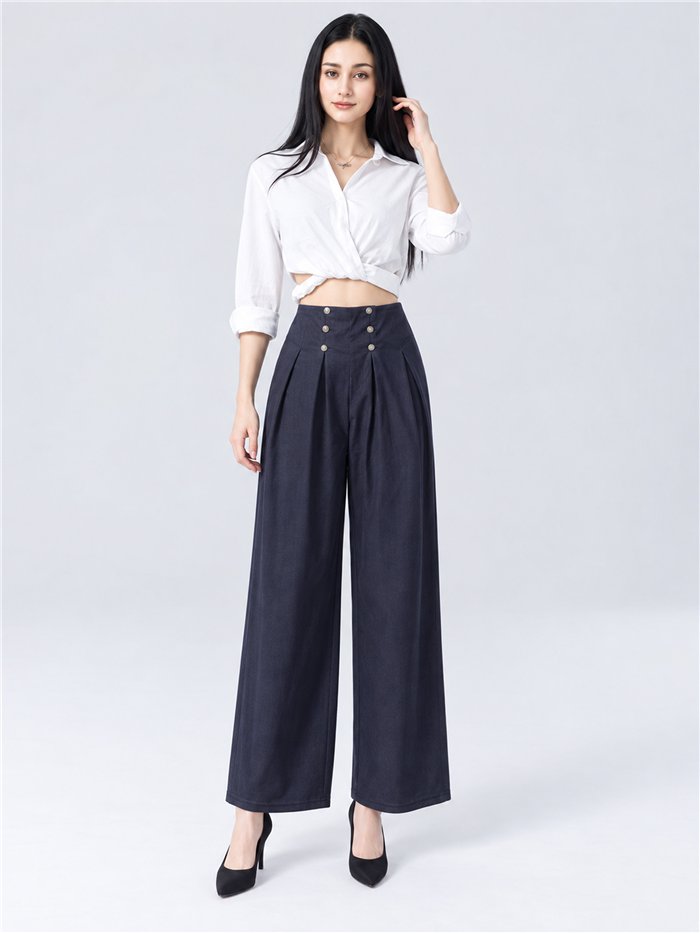 Denim effect pleated wide leg button trousers