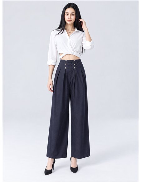 Denim effect pleated wide leg button trousers