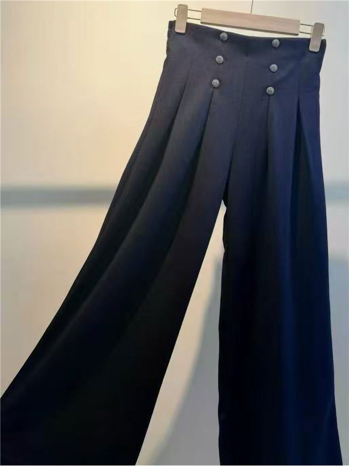 Denim effect pleated wide leg button trousers
