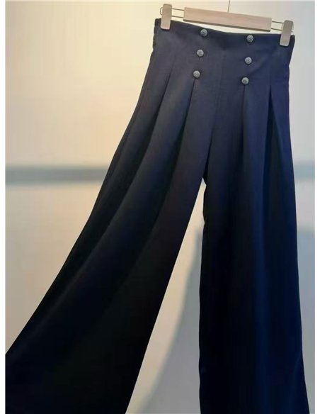 Denim effect pleated wide leg button trousers