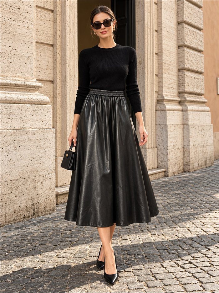 Falda midi efecto piel cintura elástica