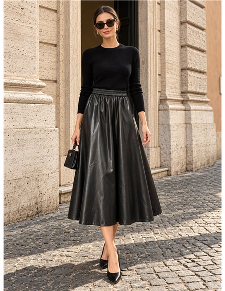 Falda midi efecto piel cintura elástica