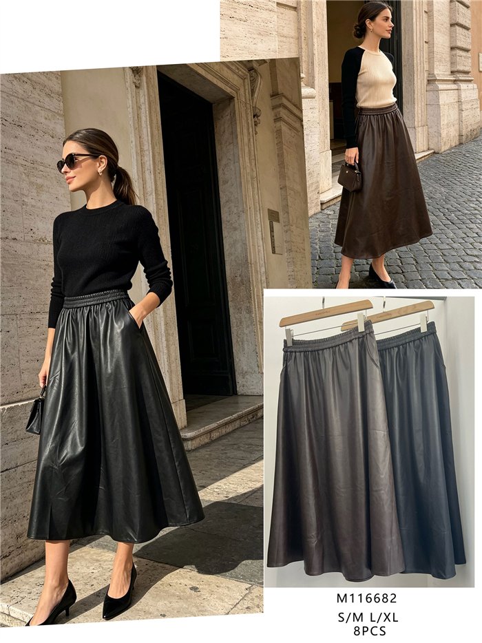 Falda midi efecto piel cintura elástica