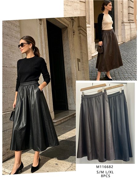 Falda midi efecto piel cintura elástica