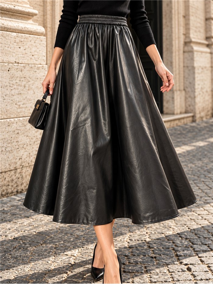 Falda midi efecto piel cintura elástica