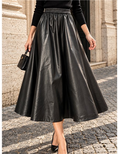 Falda midi efecto piel cintura elástica