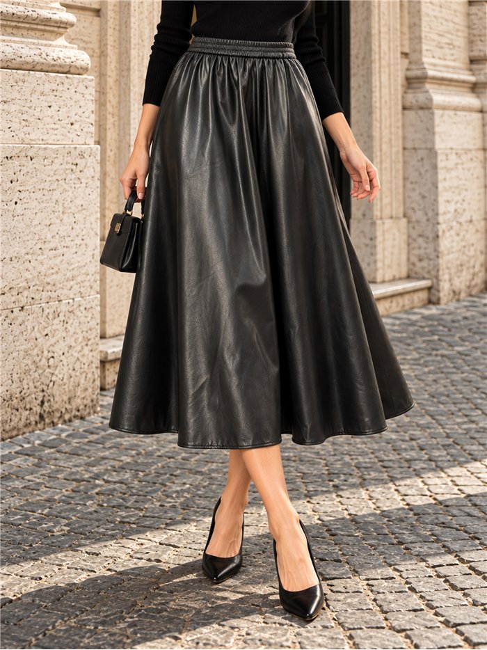 Falda midi efecto piel cintura elástica