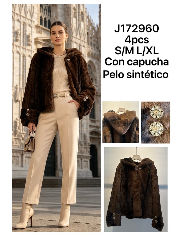 Chaqueta de pelo con capucha y broches