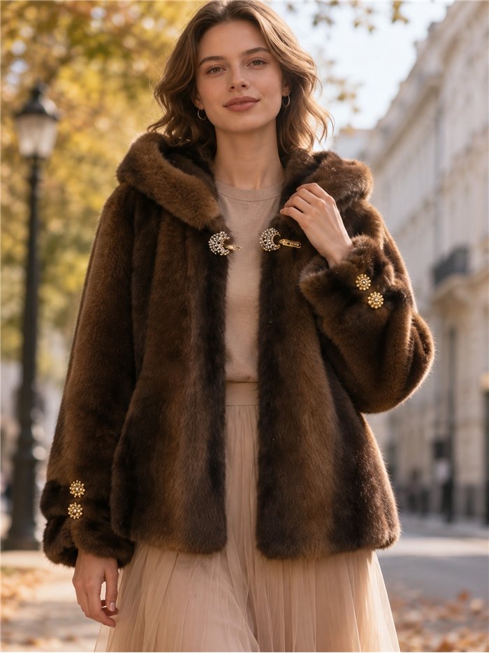 Chaqueta de pelo con capucha y broches
