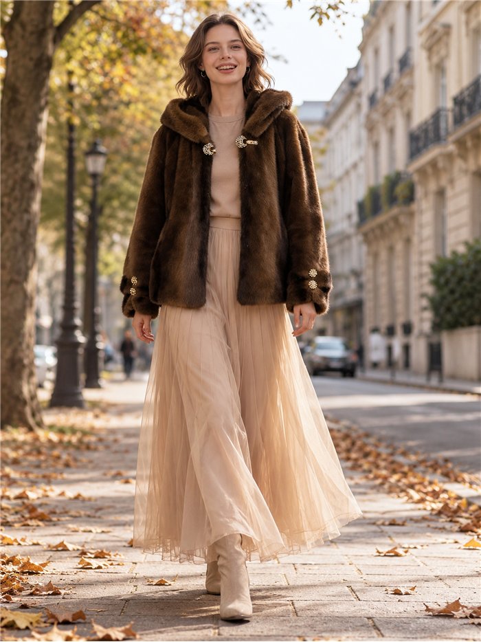 Chaqueta de pelo con capucha y broches