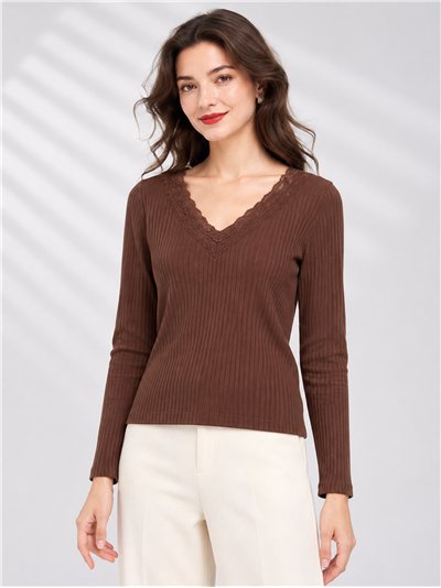 T-shirt a coste senza cuciture con pizzo
