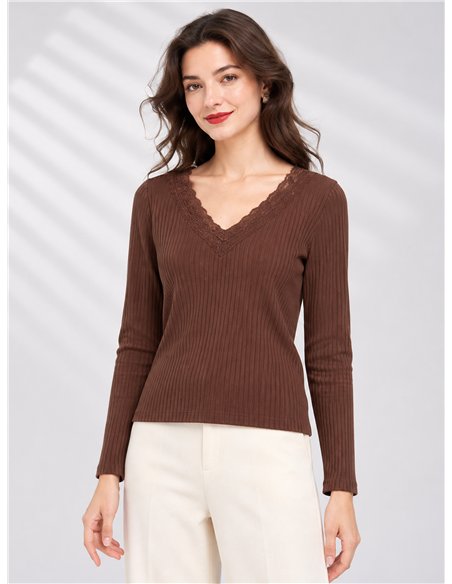 T-shirt a coste senza cuciture con pizzo