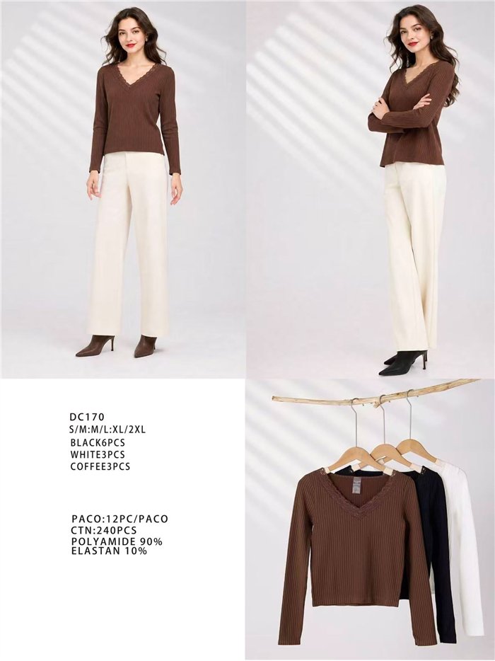 T-shirt a coste senza cuciture con pizzo