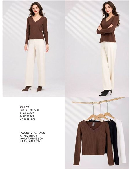 T-shirt a coste senza cuciture con pizzo