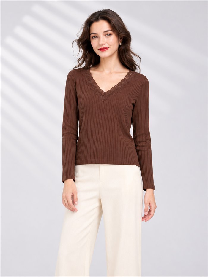 T-shirt a coste senza cuciture con pizzo