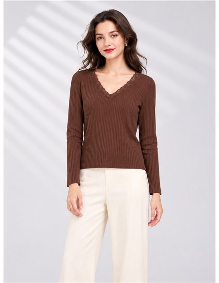 T-shirt a coste senza cuciture con pizzo