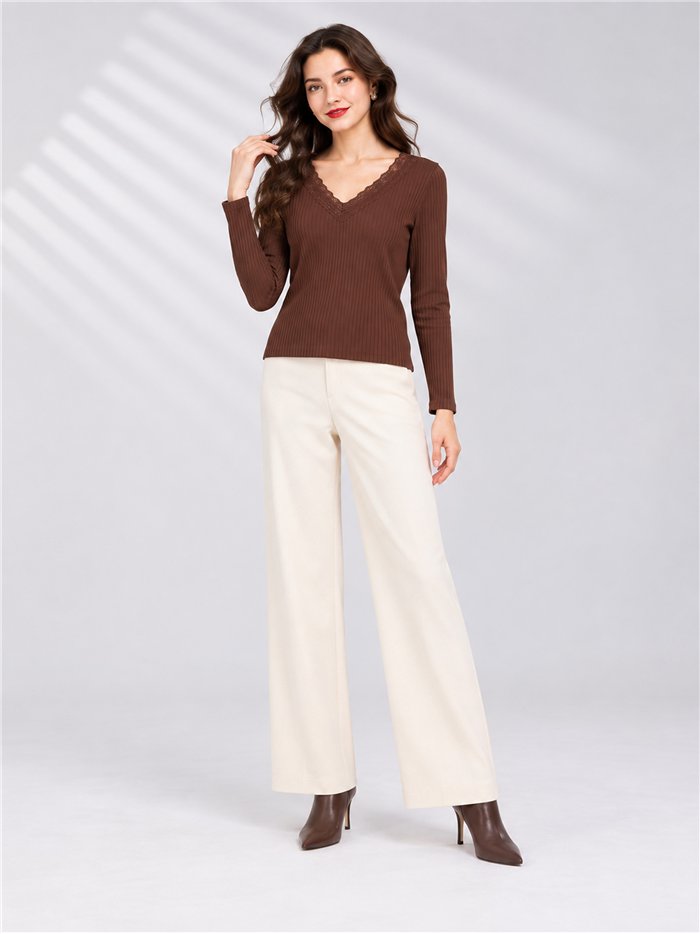 T-shirt a coste senza cuciture con pizzo