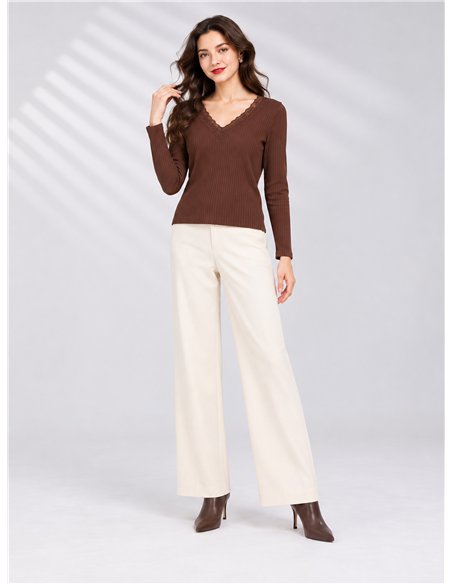 T-shirt a coste senza cuciture con pizzo