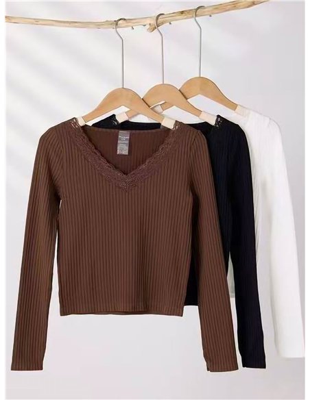 T-shirt a coste senza cuciture con pizzo
