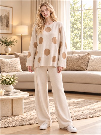 Polka dot knit sweater with trousers set