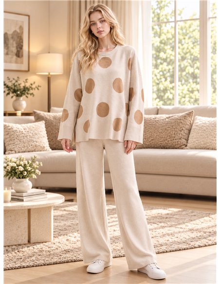 Polka dot knit sweater with trousers set
