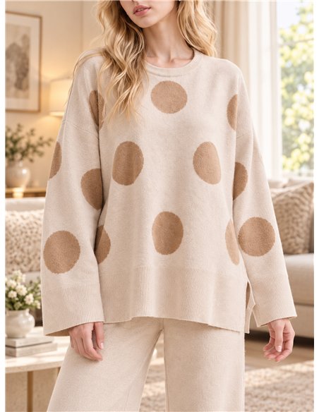 Polka dot knit sweater with trousers set