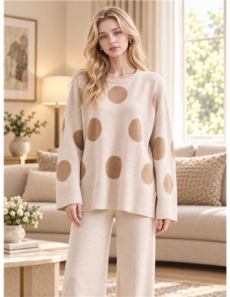 Polka dot knit sweater with trousers set