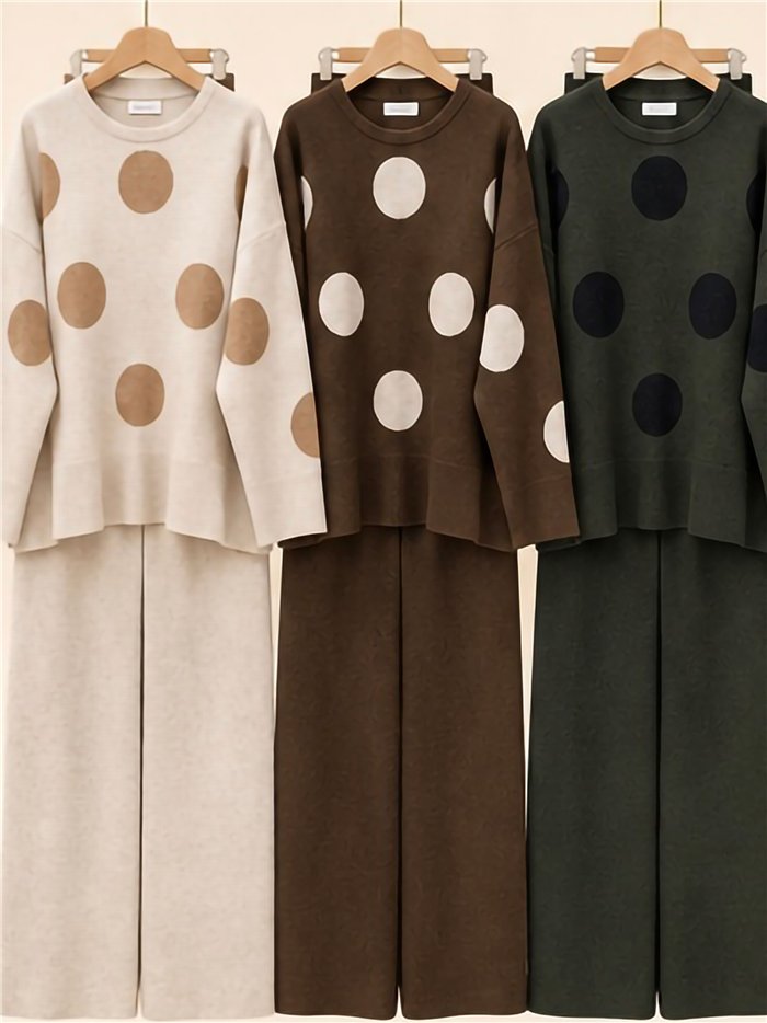 Polka dot knit sweater with trousers set