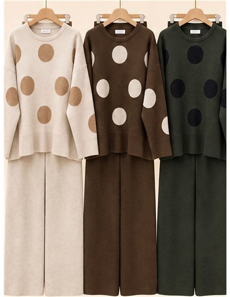 Polka dot knit sweater with trousers set
