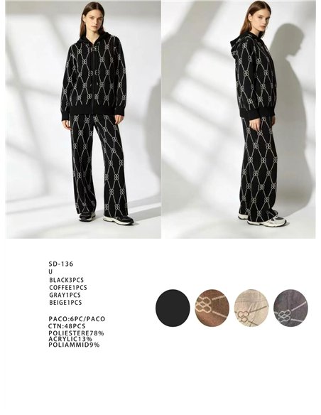 Conjunto chaqueta de punto estampado con capucha y pantalón