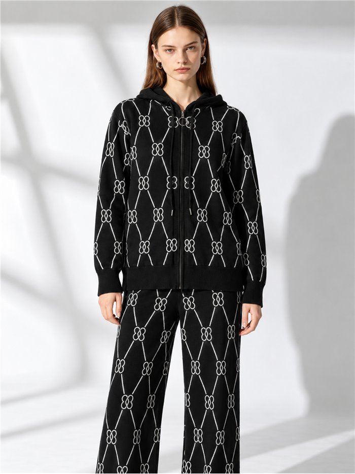 Conjunto chaqueta de punto estampado con capucha y pantalón