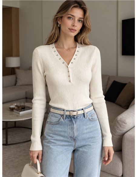 Gerippter V-Ausschnitt-Pullover mit Metallic-Details
