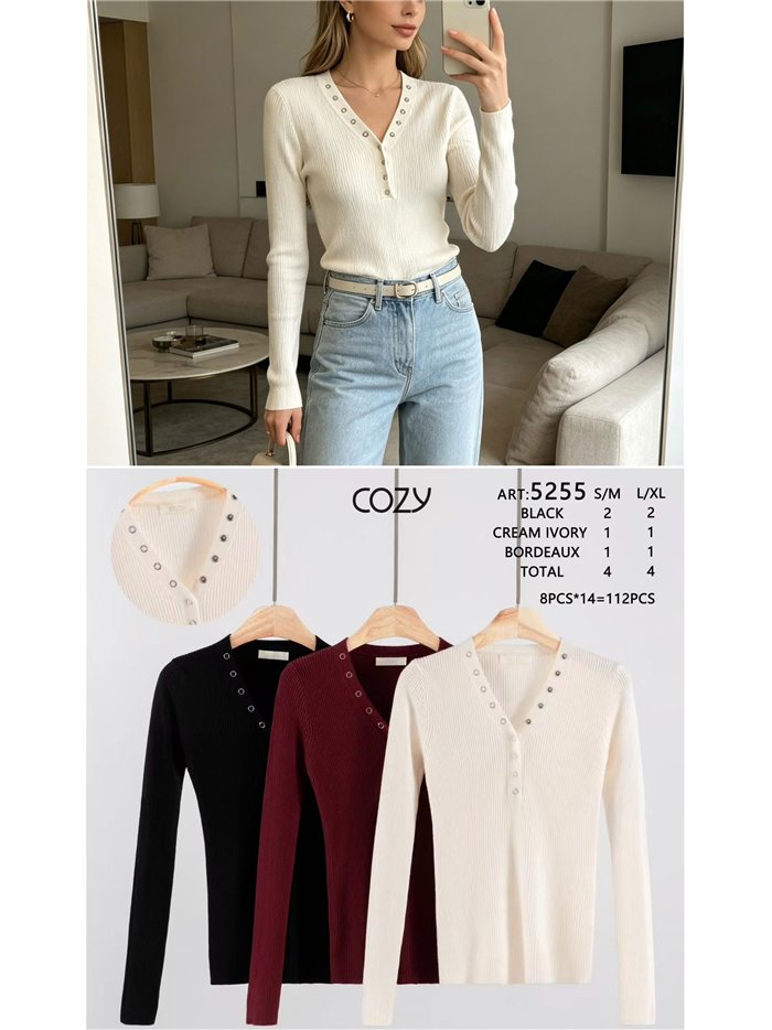 Gerippter V-Ausschnitt-Pullover mit Metallic-Details