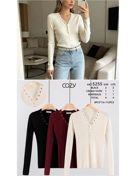 Gerippter V-Ausschnitt-Pullover mit Metallic-Details