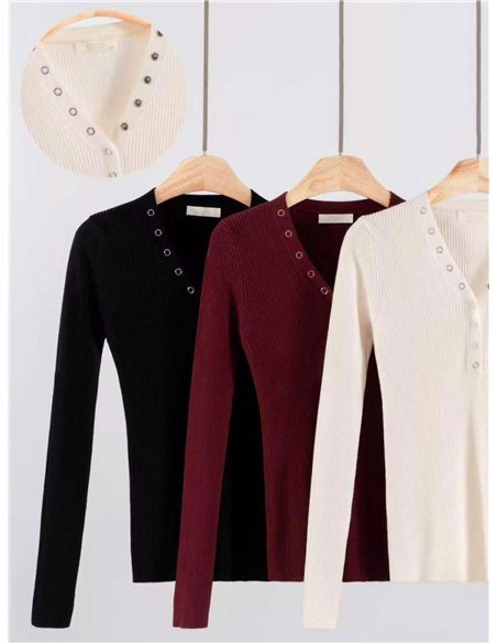 Gerippter V-Ausschnitt-Pullover mit Metallic-Details