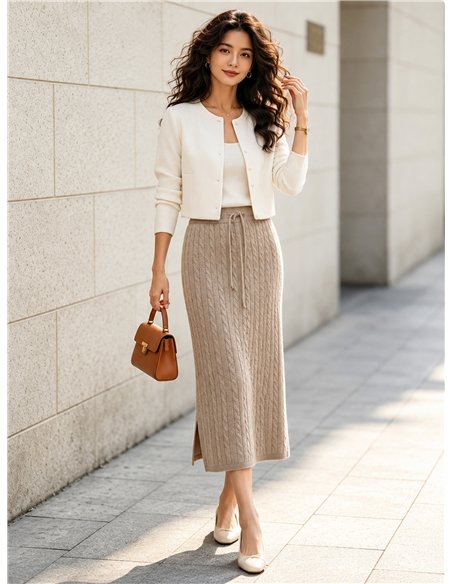 Falda midi de punto trenzado con cordón