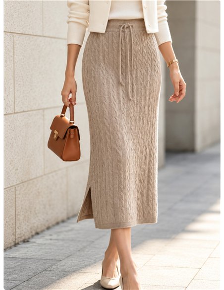 Falda midi de punto trenzado con cordón