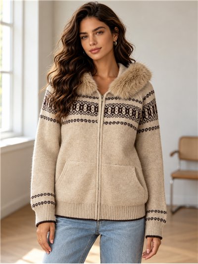 Jacquard-Strickjacke mit Pelzkapuze