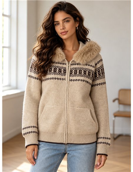Giacca in maglia jacquard con cappuccio in pelliccia