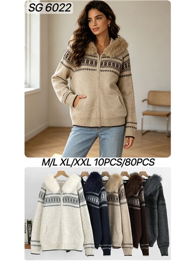 Jacquard-Strickjacke mit Pelzkapuze 2