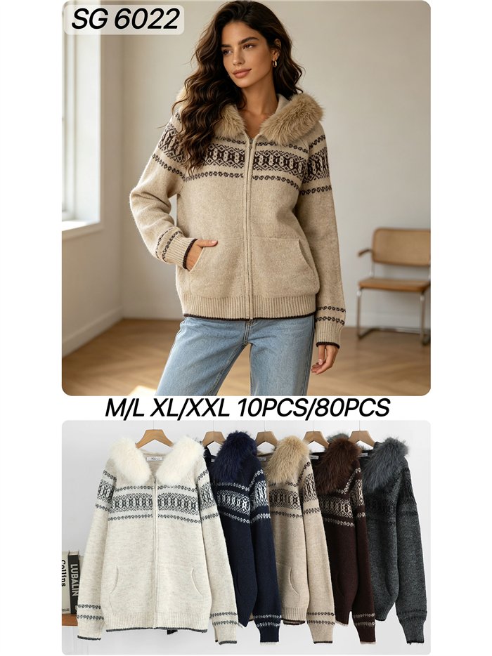 Giacca in maglia jacquard con cappuccio in pelliccia